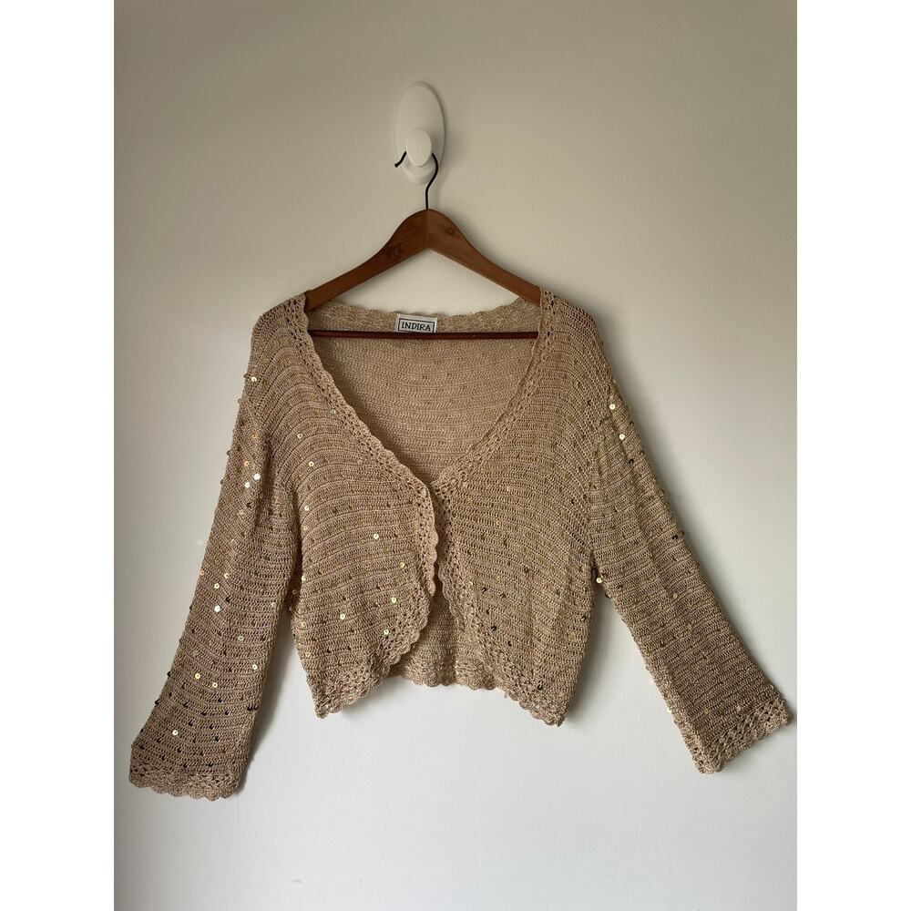 INDIRA vintage Y2K festival crochet gold sequence button closure sweater top